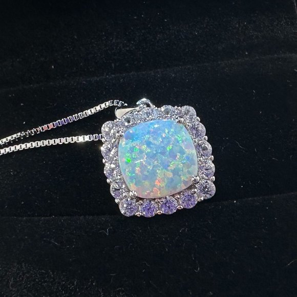Elegant Fire Opal & White Topaz Pendant - Sterling silver Setting & 20" Sterling - Picture 1 of 8
